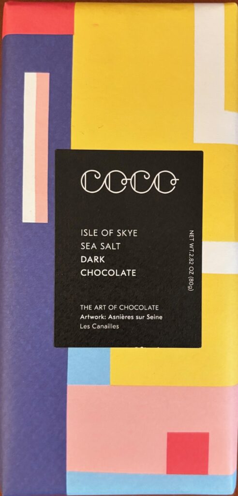 Color-block packaging with yellow, blue, and pink colors with a black box in the center with the Coco label