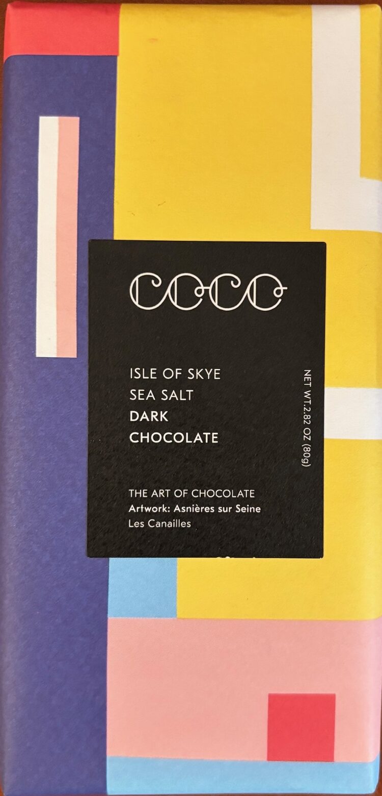 Color-block packaging with yellow, blue, and pink colors with a black box in the center with the Coco label