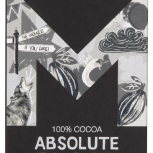 Montezuma's Absolute Black 100% cocoa darkest dark chocolate bar in black packaging with a large grey colored M icon