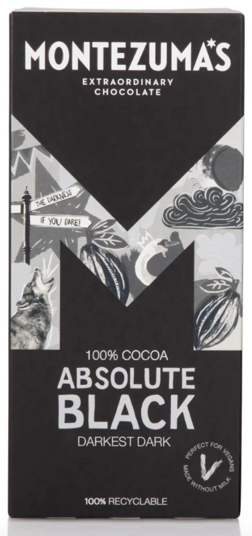 Montezuma's Absolute Black 100% cocoa darkest dark chocolate bar in black packaging with a large grey colored M icon