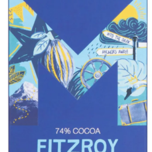 Montezuma's Fitzroy 74% cocoa dark chocolate bar in blue packaging with a large M icon