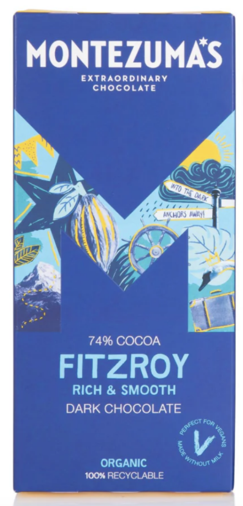 Montezuma's Fitzroy 74% cocoa dark chocolate bar in blue packaging with a large M icon