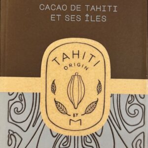 70% dark chocolate bar from Tahiti with brown and blue paper packaging