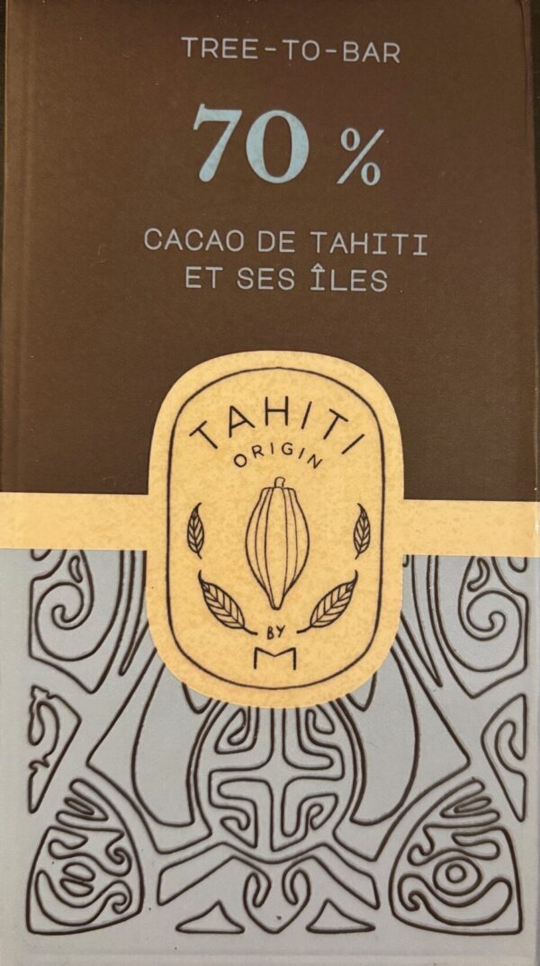 70% dark chocolate bar from Tahiti with brown and blue paper packaging