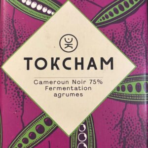 75% dark chocolate bar from Cameroon with magenta colored paper packaging with green colored cocoa beans