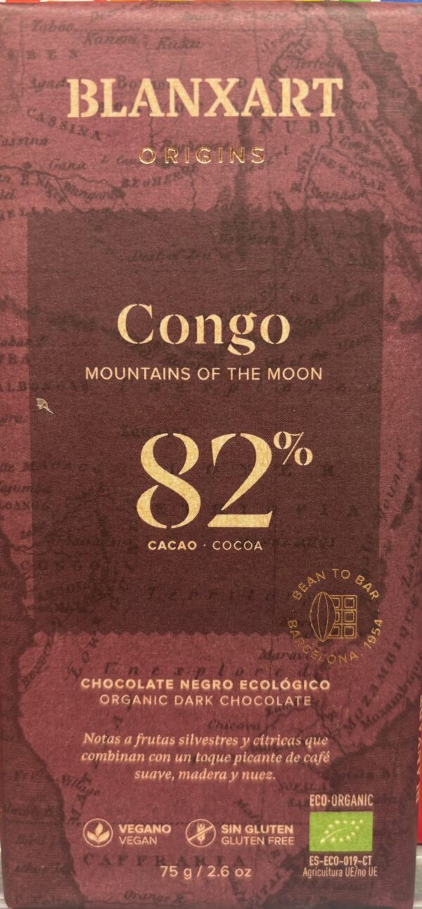 Front Packaging of Blanxart Congo 82% Cacao in maroon packaging
