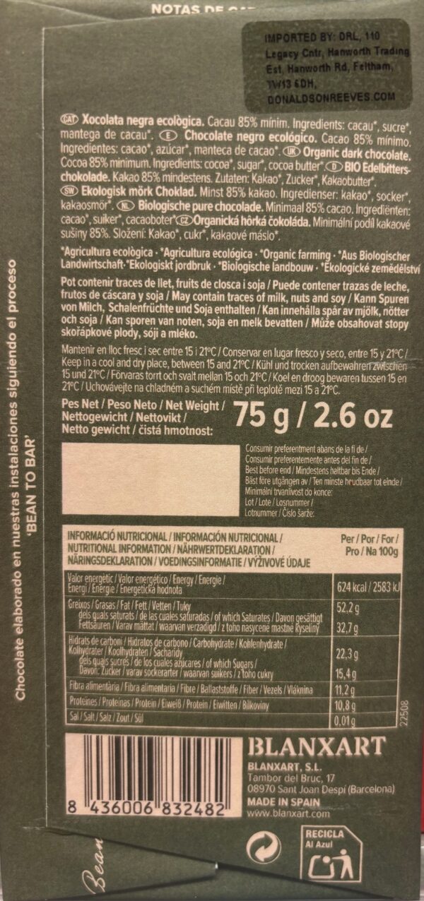 Back packaging of Blanxart Nicaragua 85% Cacao with nutritional information