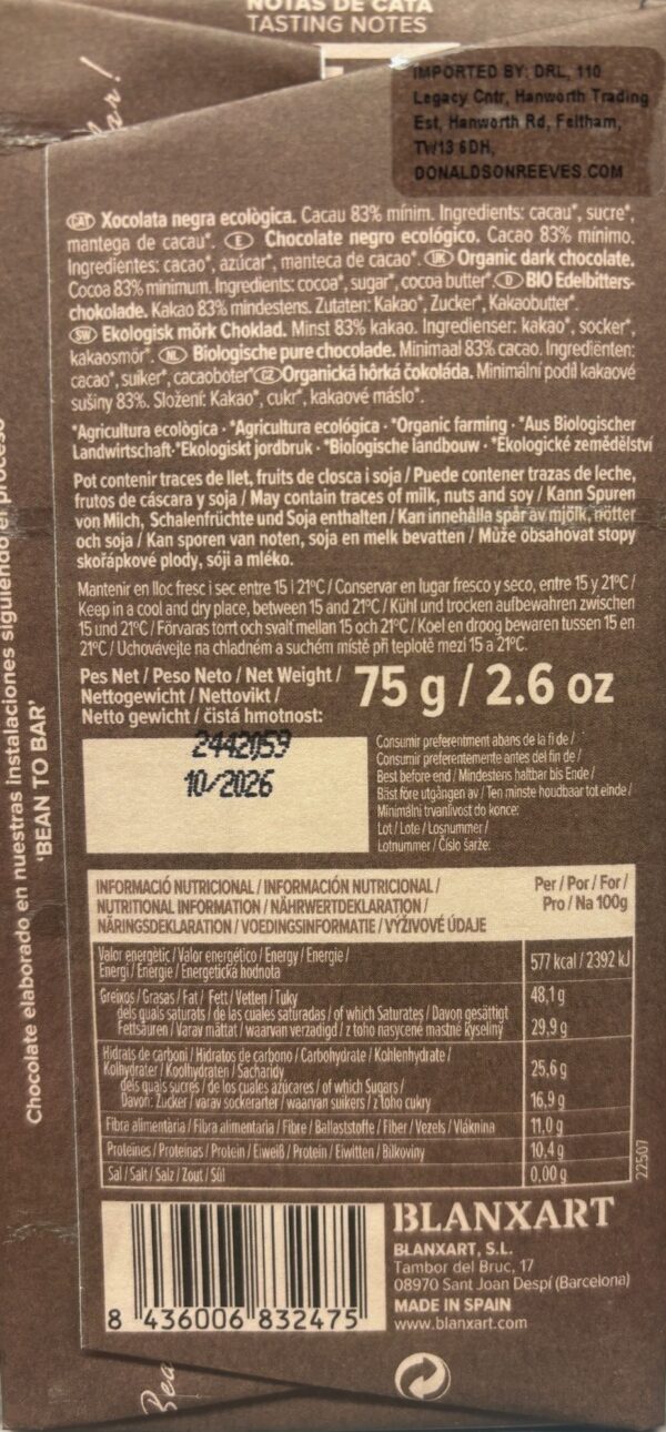 Back packaging of Blanxart Peru 83% Cacao with nutritional information