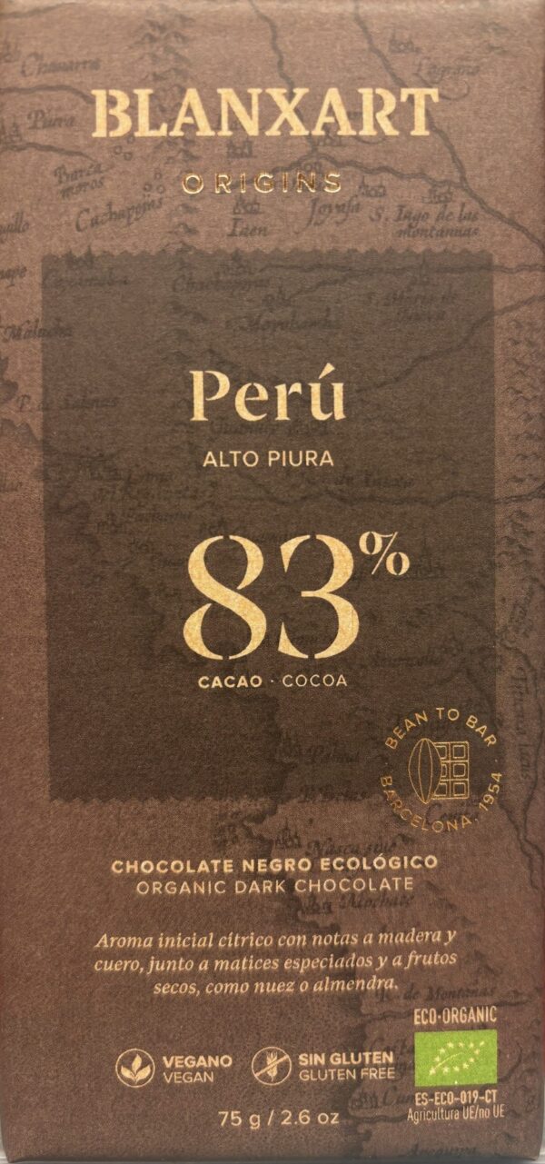 Front Packaging of Blanxart Peru 83% Cacao in brown packaging
