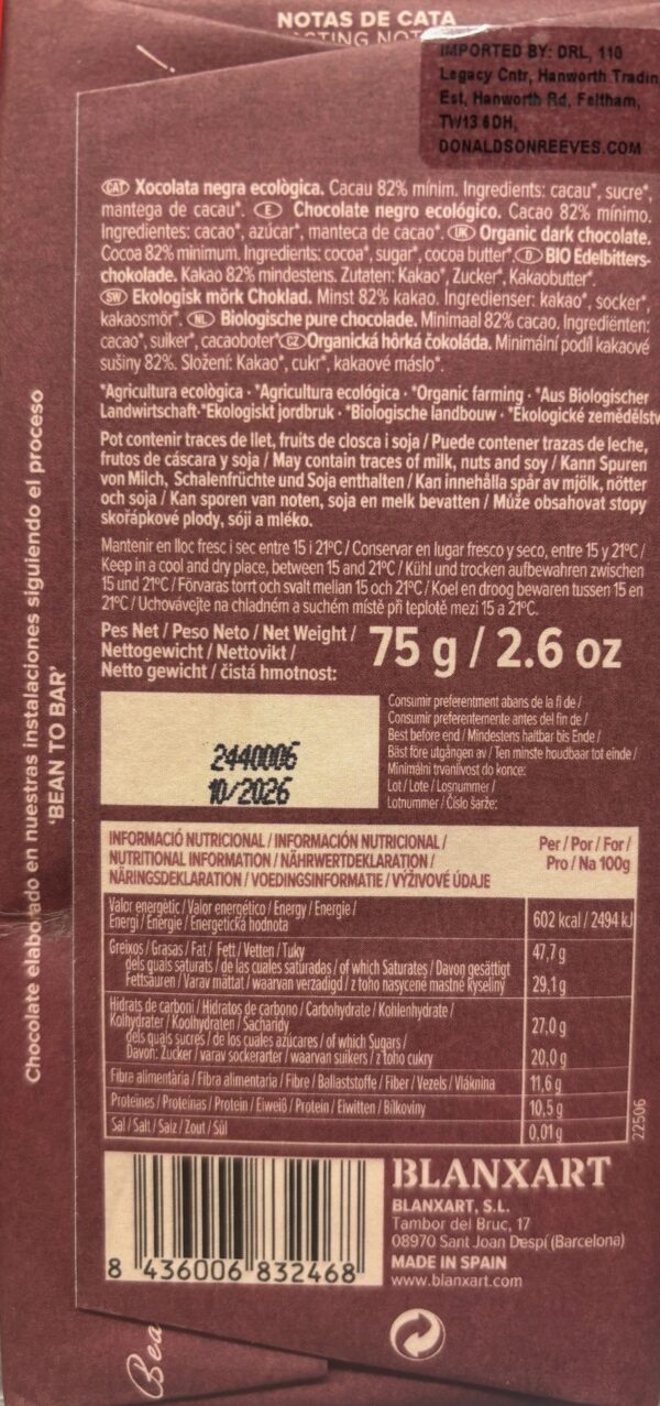 Back packaging of Blanxart Congo 82% Cacao with nutritional information