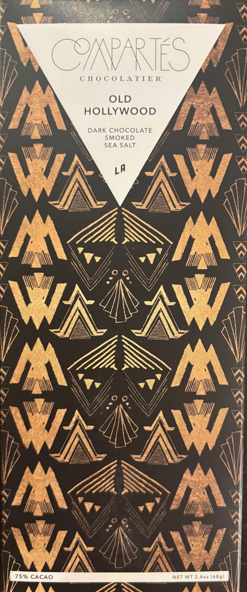 Compartes Chocolate 'Old Hollywood' with 75% Dark Chocolate Smoked Sea Salt. Front packaging with black background and gold art-deco design