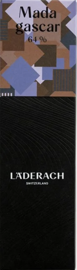 Front packaging of Läderach Madagascar 64% Dark Chocolate