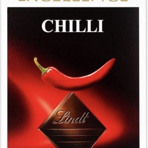 Front Packaging of Lindt Dark Chilli. Image of a Lindt Chocolate square and a chilli