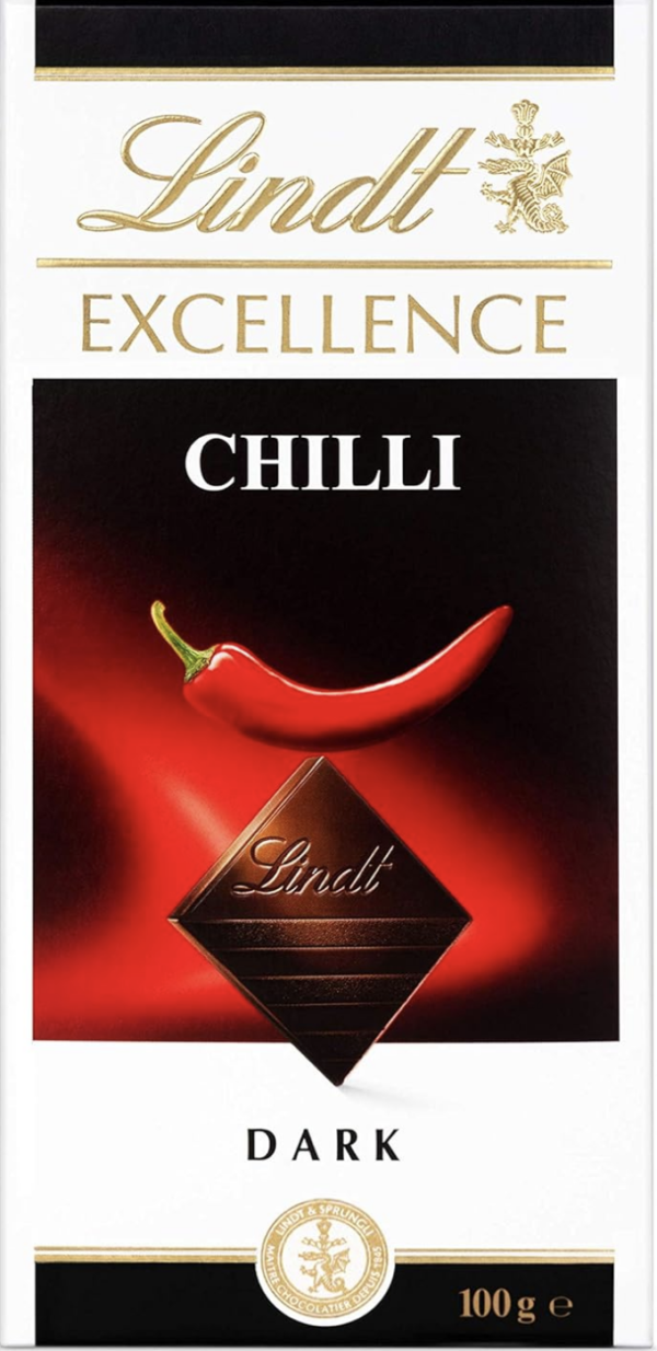 Front Packaging of Lindt Dark Chilli. Image of a Lindt Chocolate square and a chilli