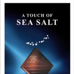Front packaging of Lindt Dark Chocolate A Touch of Sea Salt. Image of a Lindt Chocolate square and some sea salt.