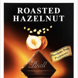 Front Packaging of Lindt Dark Roasted Hazelnut Image of Lindt chocolate square and hazelnuts