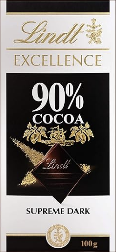 Front packaging of Lindt Supreme Dark 90% Dark Chocolate