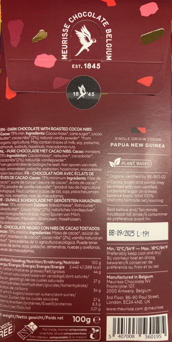 Back packaging of Meurisse 73% Cocoa Nibs