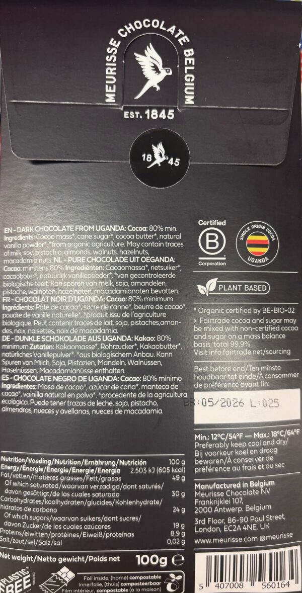 Back packaging of Meurisse 80% Dark with nutritional information