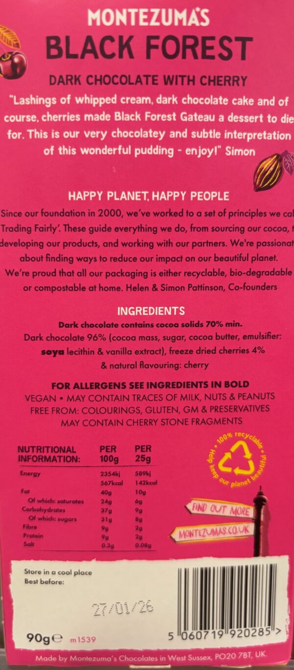 Back packaging of Montezuma's Black Forest Cherry with 70% Cocoa in Bright Pink Packaging with description of chocolate and nutritional information