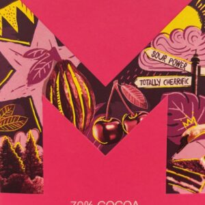 Montezuma's 70% Cocoa Black Forest Cherry Dark Chocolate in bright pink packaging with a letter M in the middle