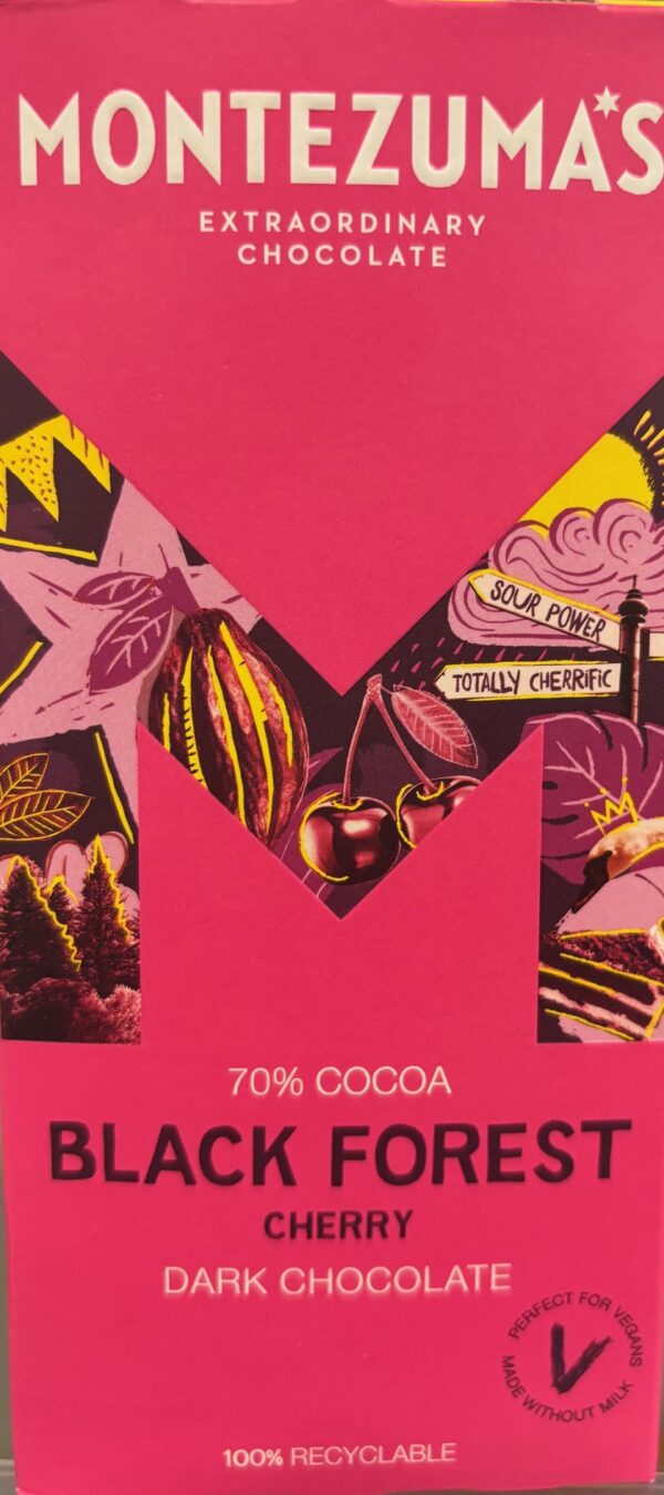 Montezuma's 70% Cocoa Black Forest Cherry Dark Chocolate in bright pink packaging with a letter M in the middle