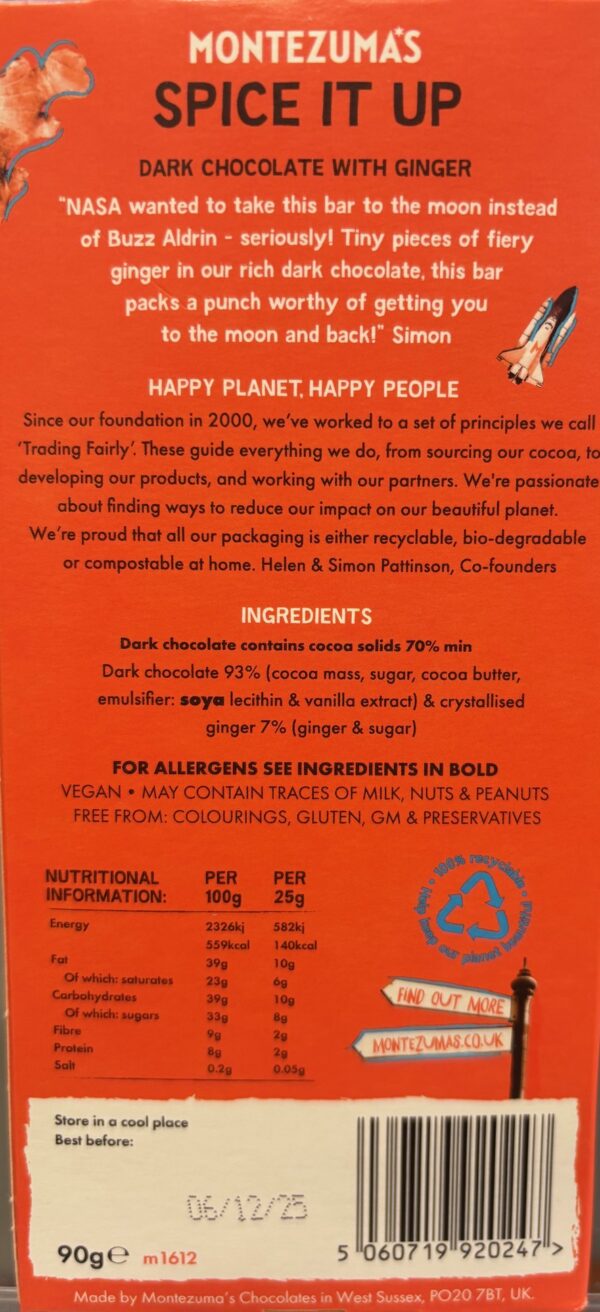 Back packaging of Montezuma's Spice It Up Ginger 70% Cocoa with chocolate description and nutritional facts