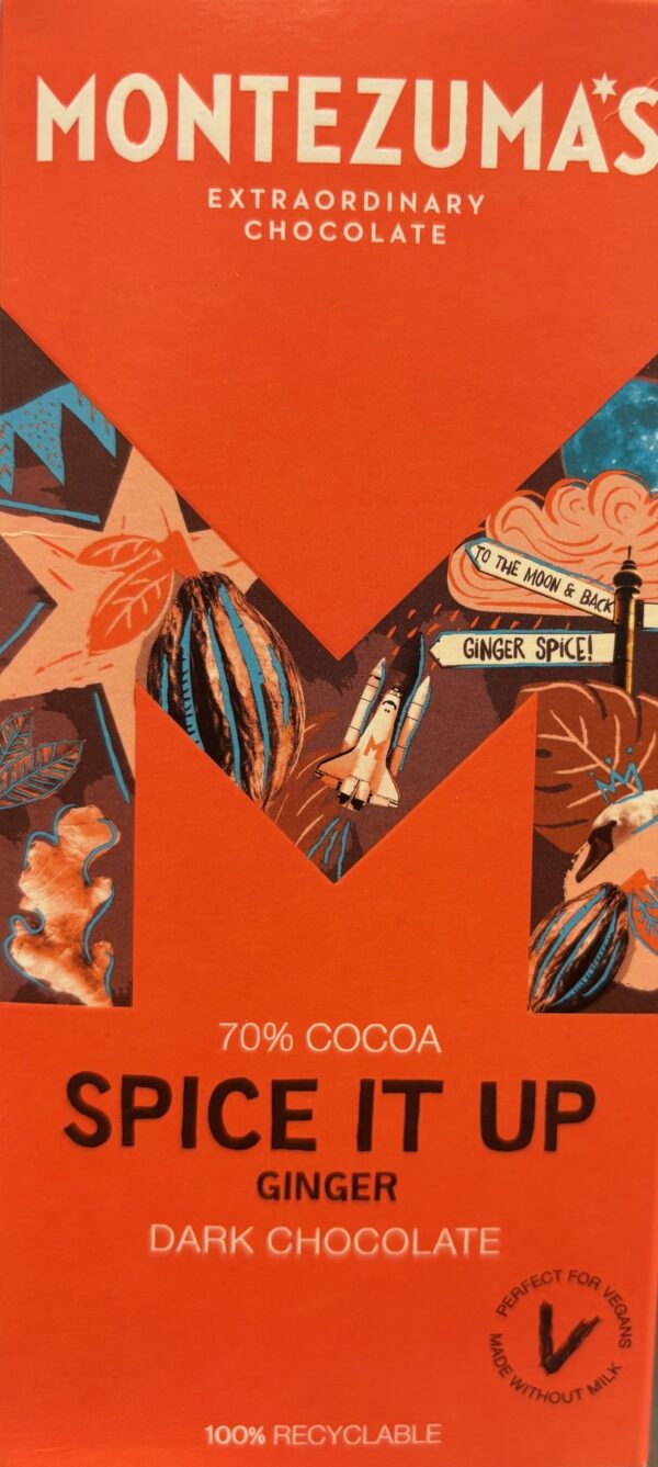 Front Packaging of Montezuma's 70% Cocoa Spice it Up Ginger Dark Chocolate in Bright Orange Packaging with a letter M in the front
