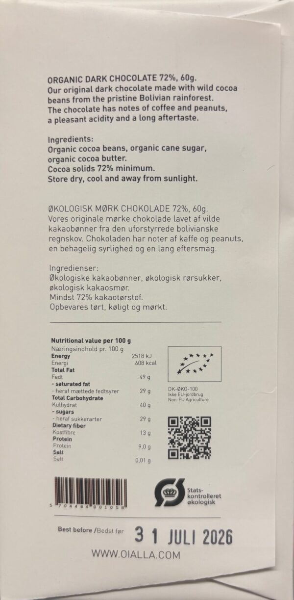 Back packaging of Oialla 72% Dark Chocolate with nutritional facts