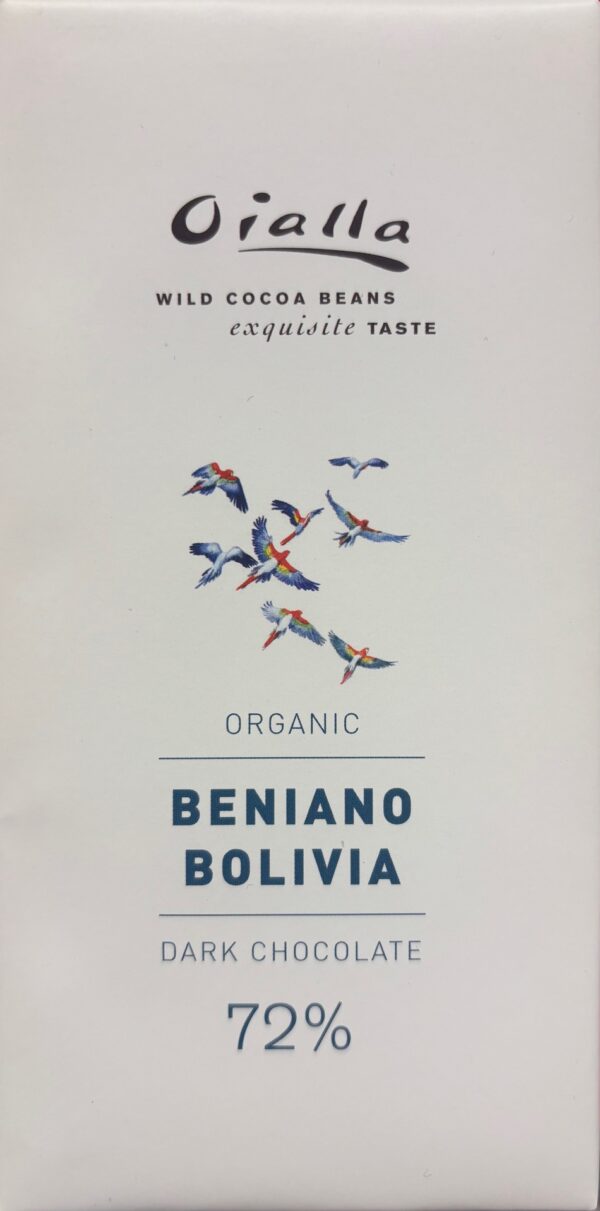 Front packaging of Oialla Bolivia Organic Dark Chocolate 72%. White background with colorful birds in the center.