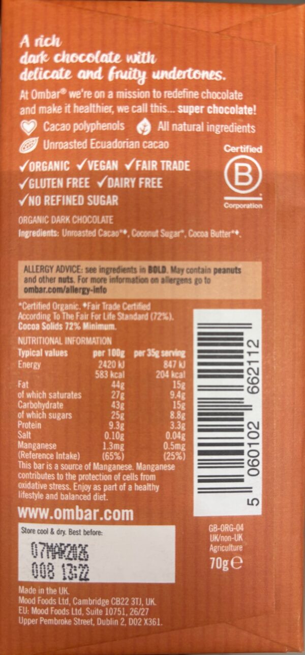Back packaging of Ombar 72% Cacao with nutritional information.