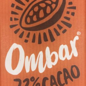 Front of Ombar 72% Cacao. Orange colored packaging with an image of a cacao bean