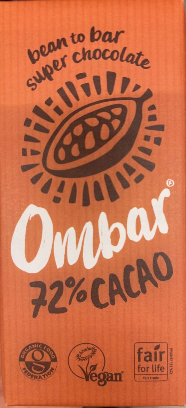 Front of Ombar 72% Cacao. Orange colored packaging with an image of a cacao bean