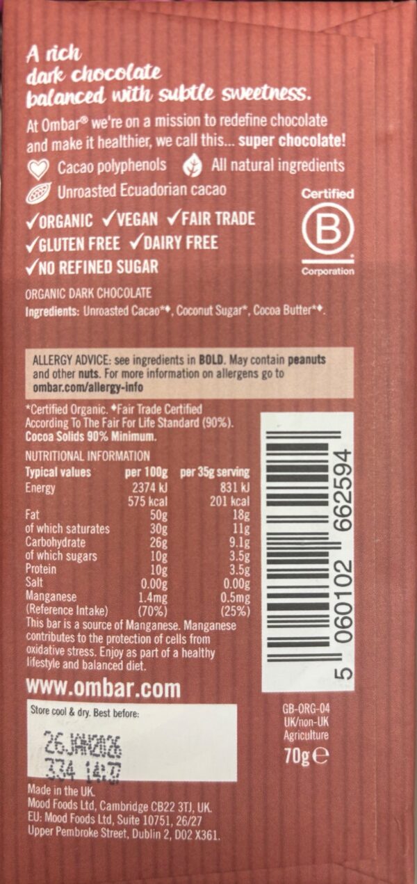 Back of Ombar 90% Cacao. Coral colored packaging nutritional information