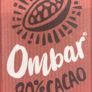 Front of Ombar 90% Cacao. Coral colored packaging with an image of a cacao bean