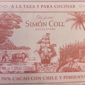 Front packaging of Simon Coll Xocolaters 70% Cacao with sketch of cacao plantation
