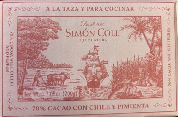 Front packaging of Simon Coll Xocolaters 70% Cacao with sketch of cacao plantation