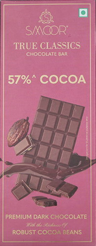 Chocolate bar by Smoor in pink packaging. Chocolate has 57% Cocoa