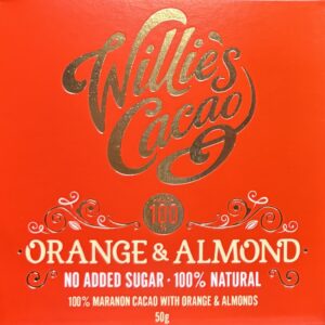 Front orange colored packaging of Willie's Cacao 100% Orange & Almond