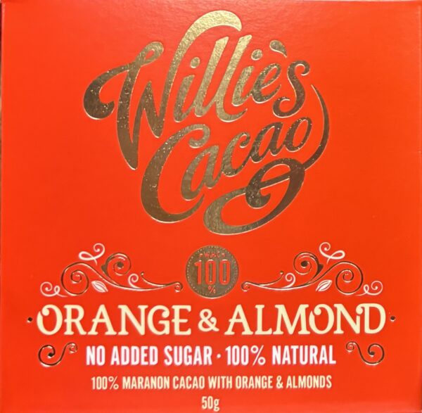 Front orange colored packaging of Willie's Cacao 100% Orange & Almond