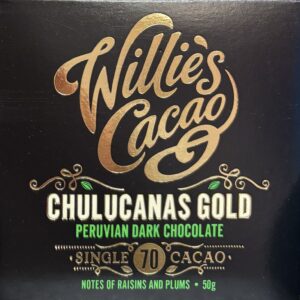 Front black colored packaging of Willie's Cacao 70% Chulucanas Gold