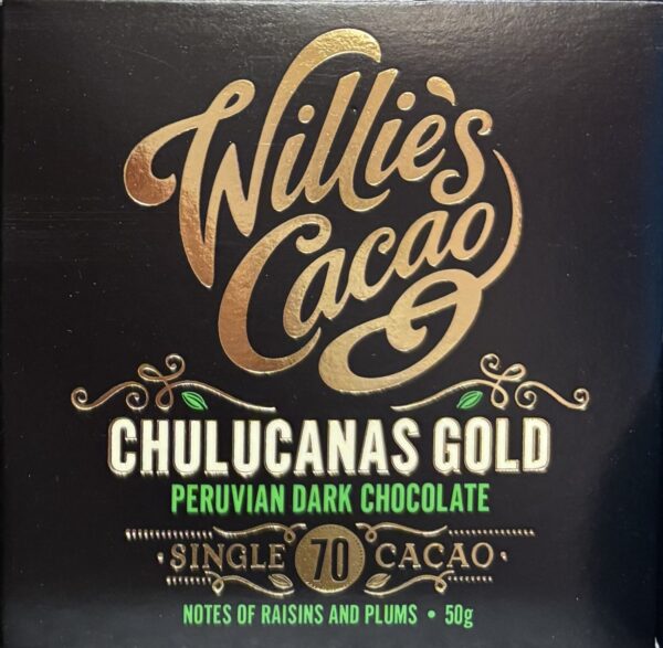 Front black colored packaging of Willie's Cacao 70% Chulucanas Gold