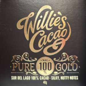 Front packaging of Willie's Cacao 100% Pure Gold