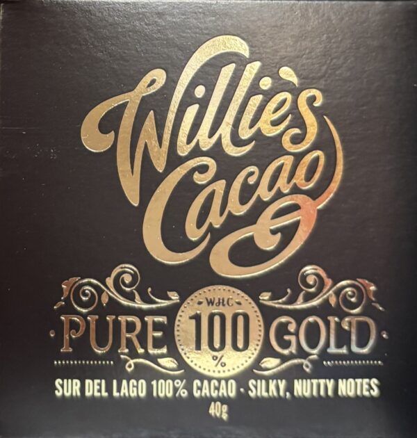 Front packaging of Willie's Cacao 100% Pure Gold