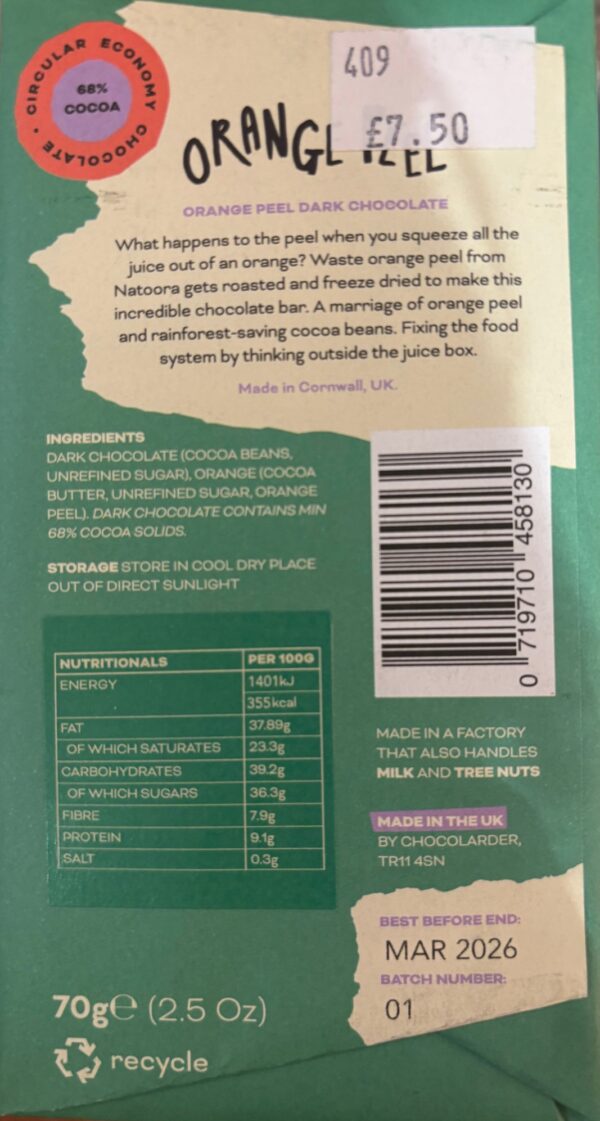 Back packaging of Again by Chocolarder Dark Chocolate with Orange Peel with nutritional facts