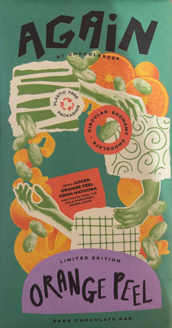 Front Packaging of Again by Chocolarder Dark Chocolate with Orange Peel with green background and drawings of oranges