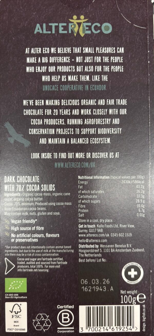 Back packaging of Alter Eco 70% Dark Ecuador with nutritional facts and information about the company