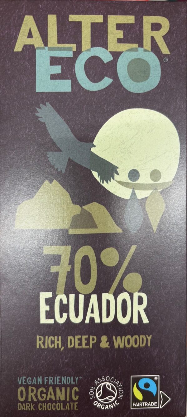 Front packaging of Alter Eco 70% Dark Ecuador with image of a bird, mountains, and moon
