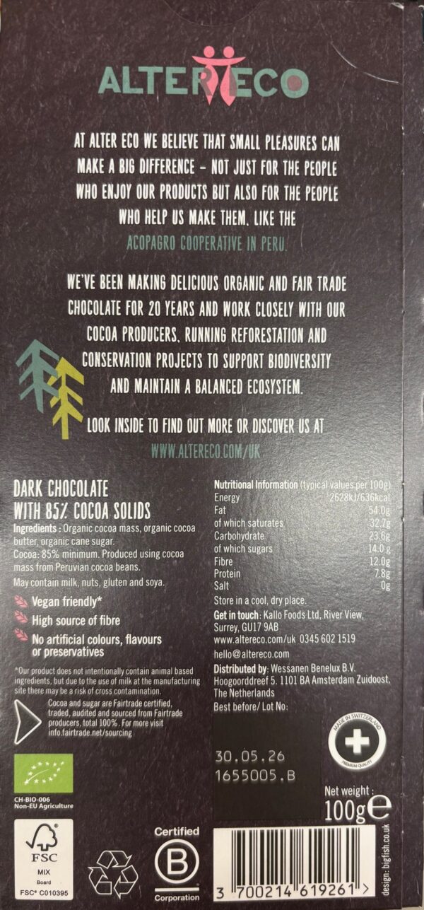 Back packaging of Alter Eco 85% Dark Peru with nutritional facts and information about the company