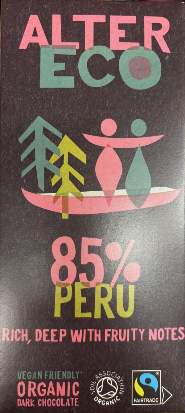 Front packaging of Alter Eco 85% Dark Peru